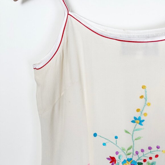 100% Silk Vintage Handmade Embroidered Floral Fringe Tassel Mini Midi Sun Dress - Picture 4 of 7